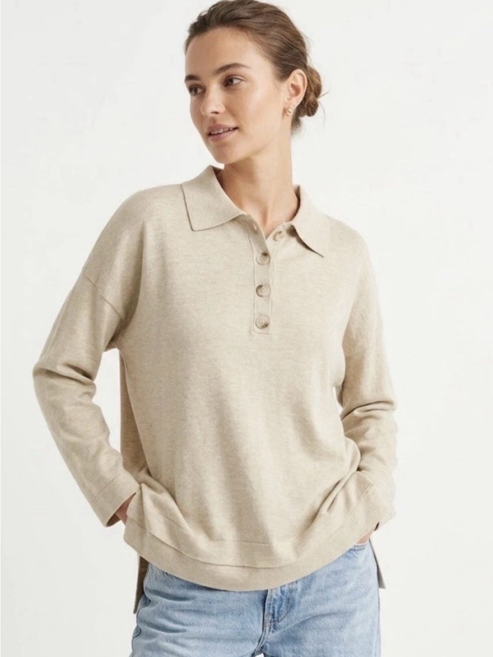 NWT bohme Beige Button-Front Polo Sweater Relaxed Fit - M